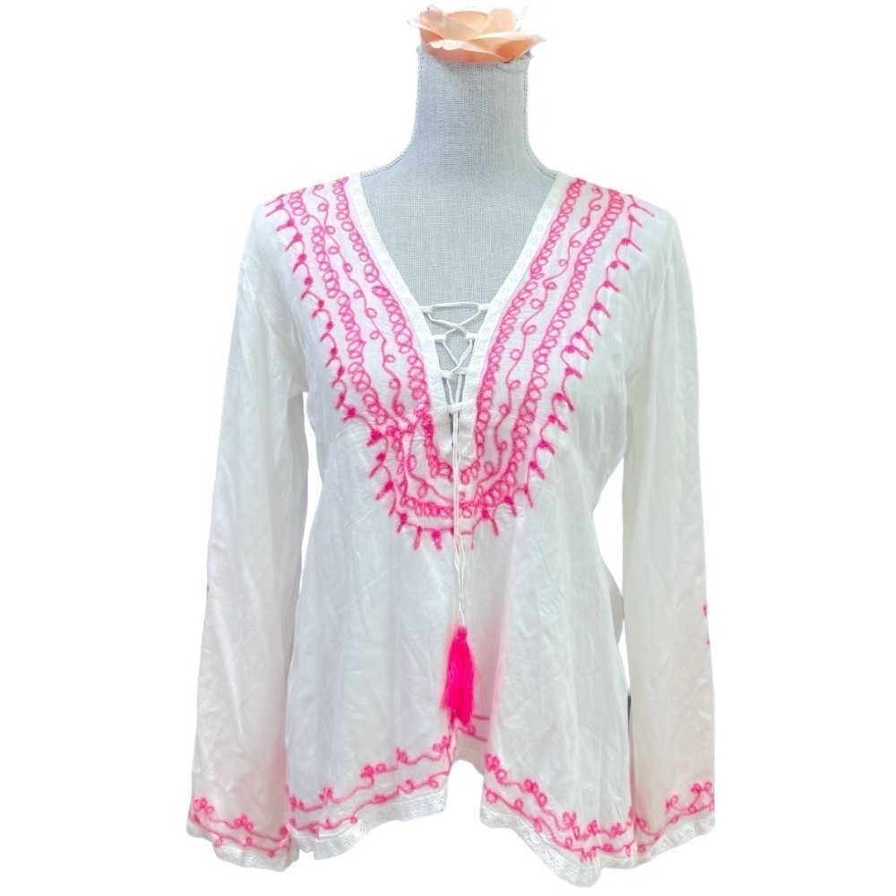 VINTAGE HAVANA WHITE AND NEON PINK EMBROIDERED GYPSY
TUNIC TOP size M
